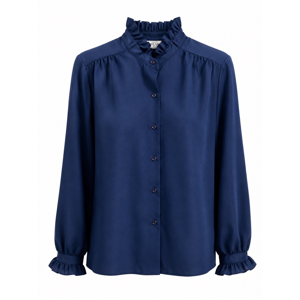 VTG 70s Terry Chicago Navy Blue Ruffle Collar Blouse ILGWU Union Made Size 10